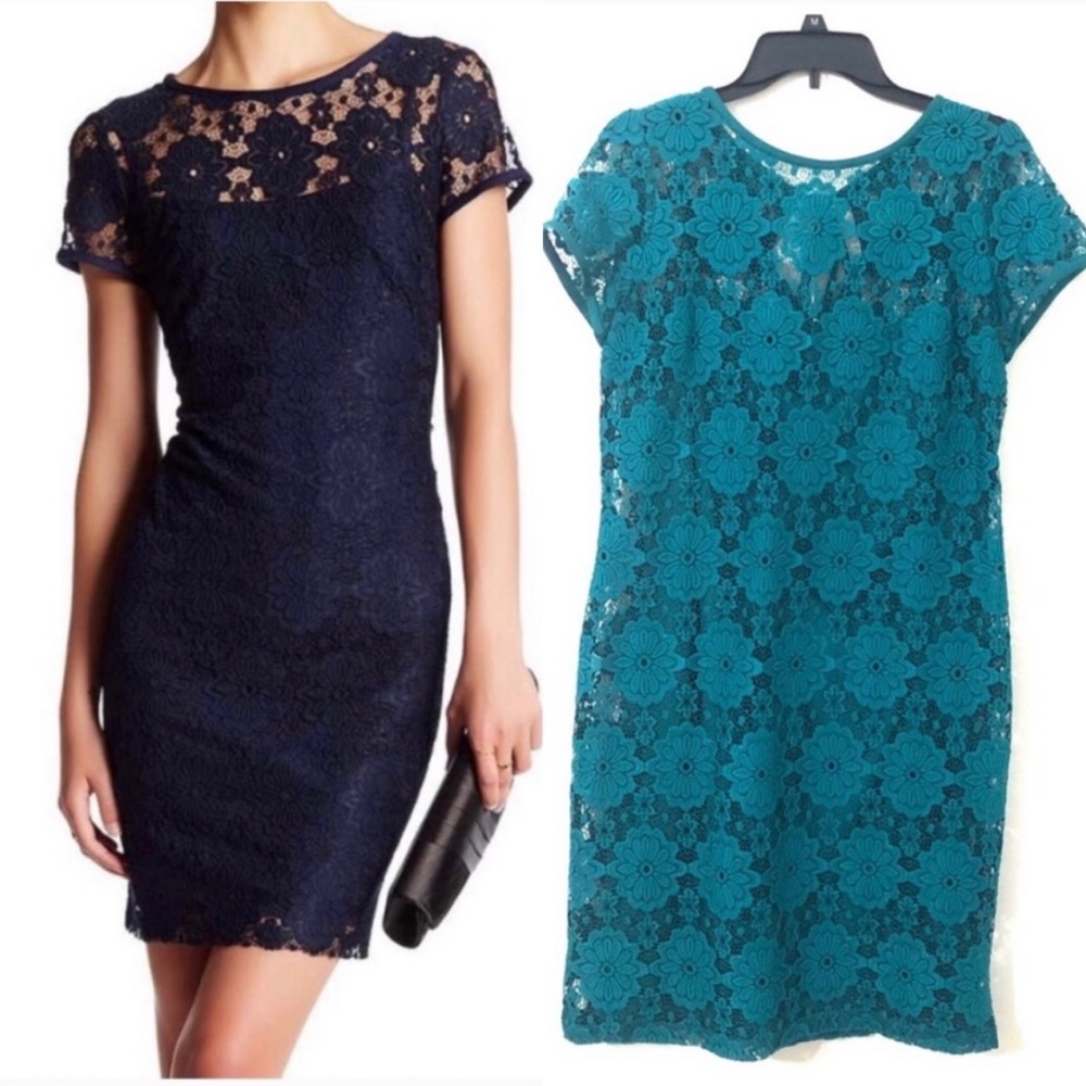 Nine West Lace Crochet Overlay Dress, Aqua
